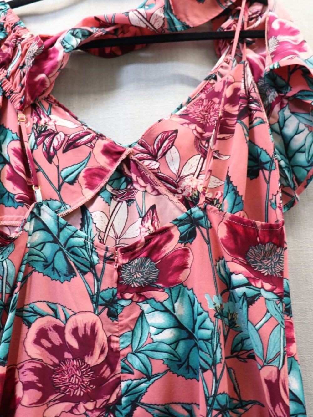 For Love & Lemons Flamenco Midi Dress L Pink Floral Silk Blend High Slit Ruffle - Picture 5 of 12